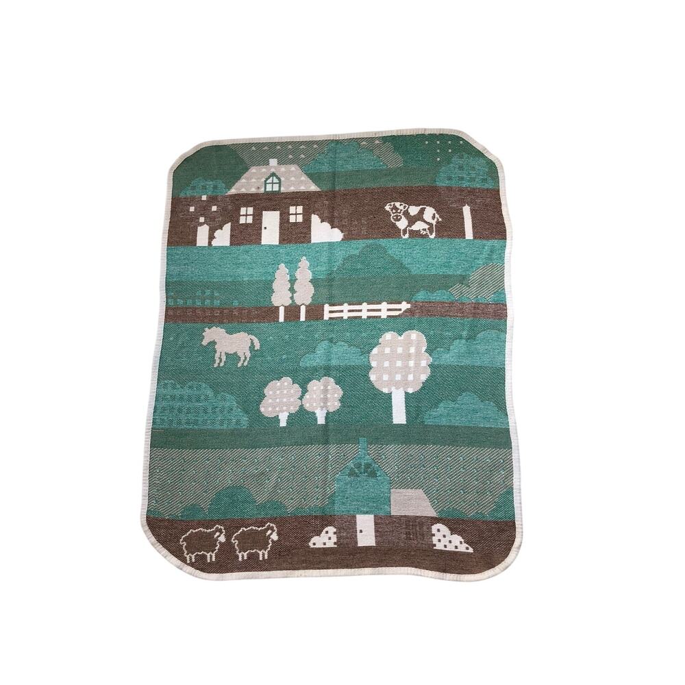 Cotton Throw Blanket Mora Made in Spain House and Trees Tan Green 44x54in Vtg